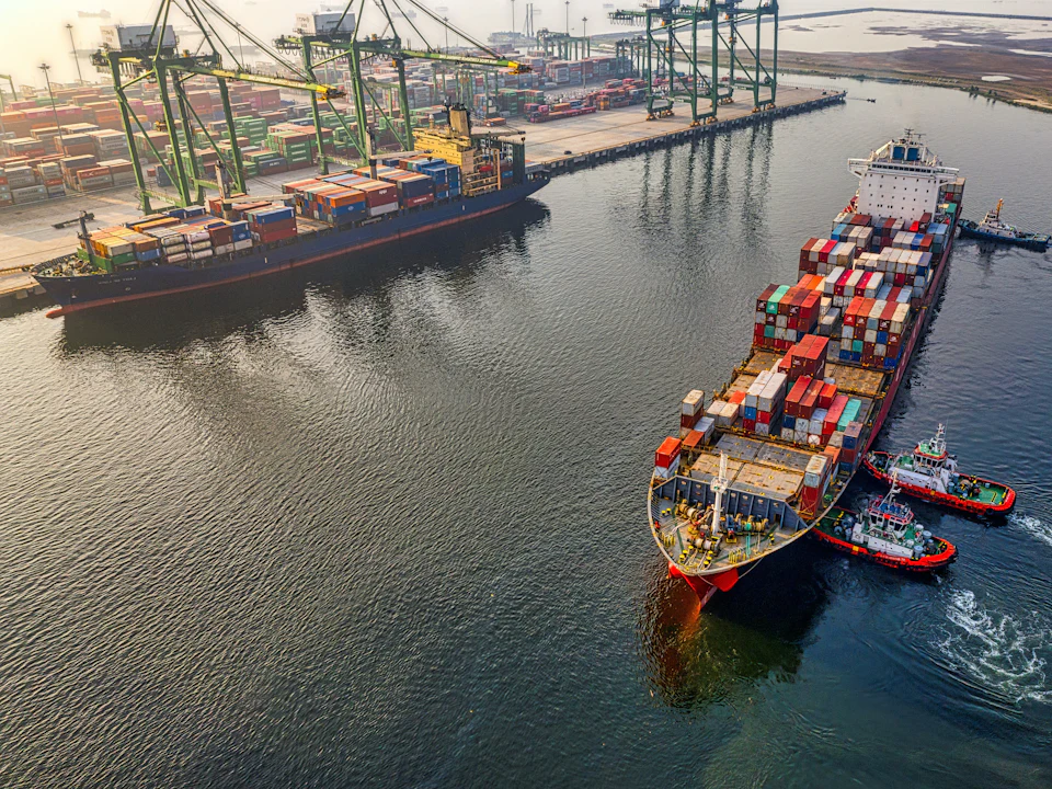 Aerial view of a container ship at sea