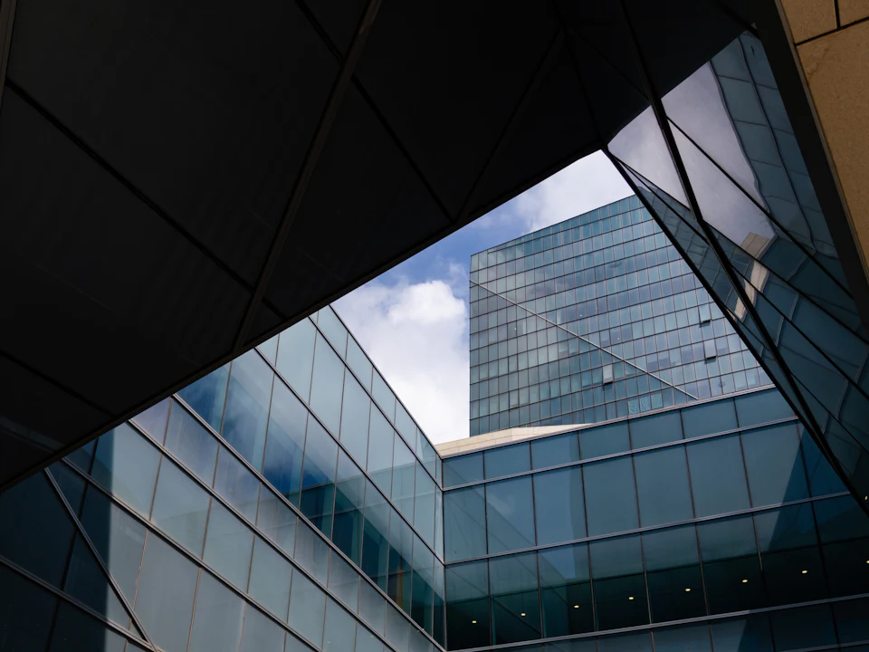 Looking up at glass office towers