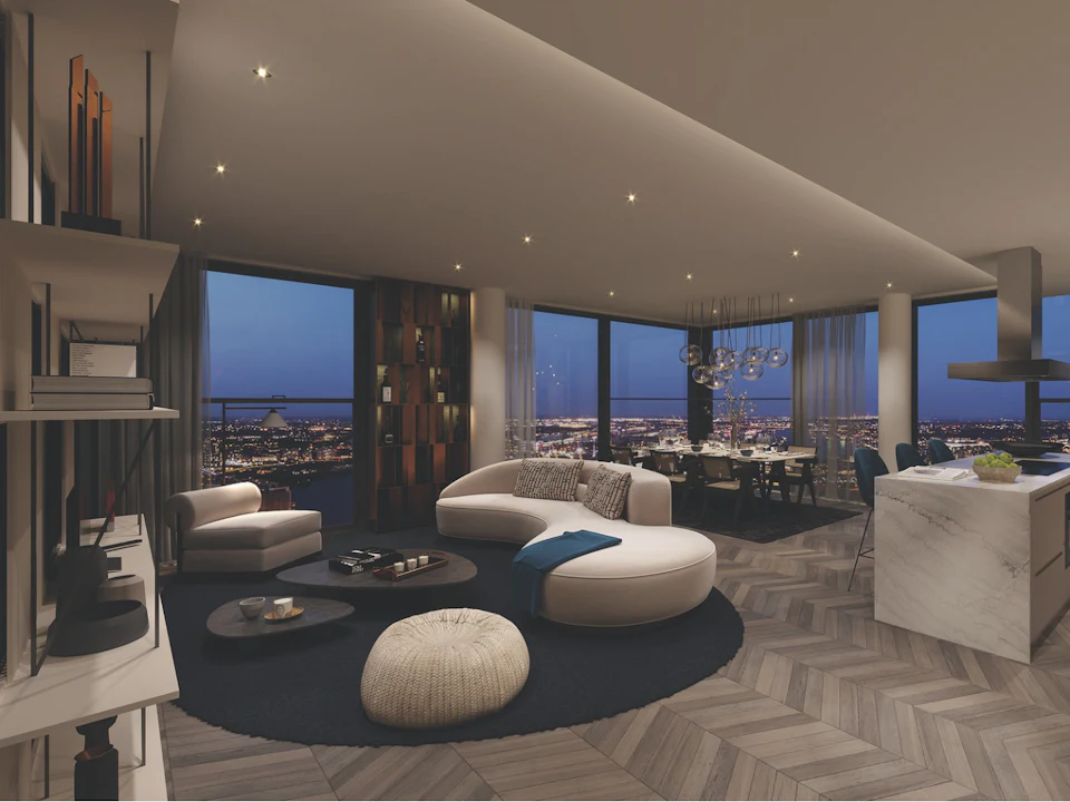 Luxury penthouse lounge overlooking the city at dusk